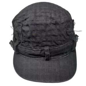 Army Cap Black Hat OS Distressed Floral Lining Textured Side Buttons Elastic